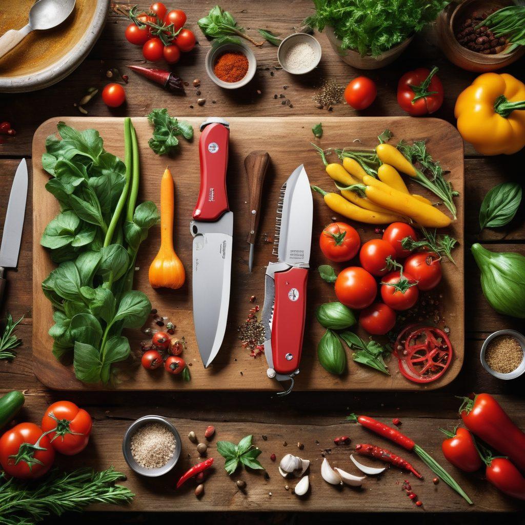 A vibrant scene depicting a Swiss Army knife showcased against a rustic kitchen backdrop, with various cooking ingredients around it, transitioning into a campsite setting featuring a campfire and camping gear. Emphasize the knife's multifunctionality with subtle illustrations of its different uses, such as cutting, opening bottles, and preparing food. The composition should evoke a sense of adventure and practicality. vibrant colors. digital illustration.