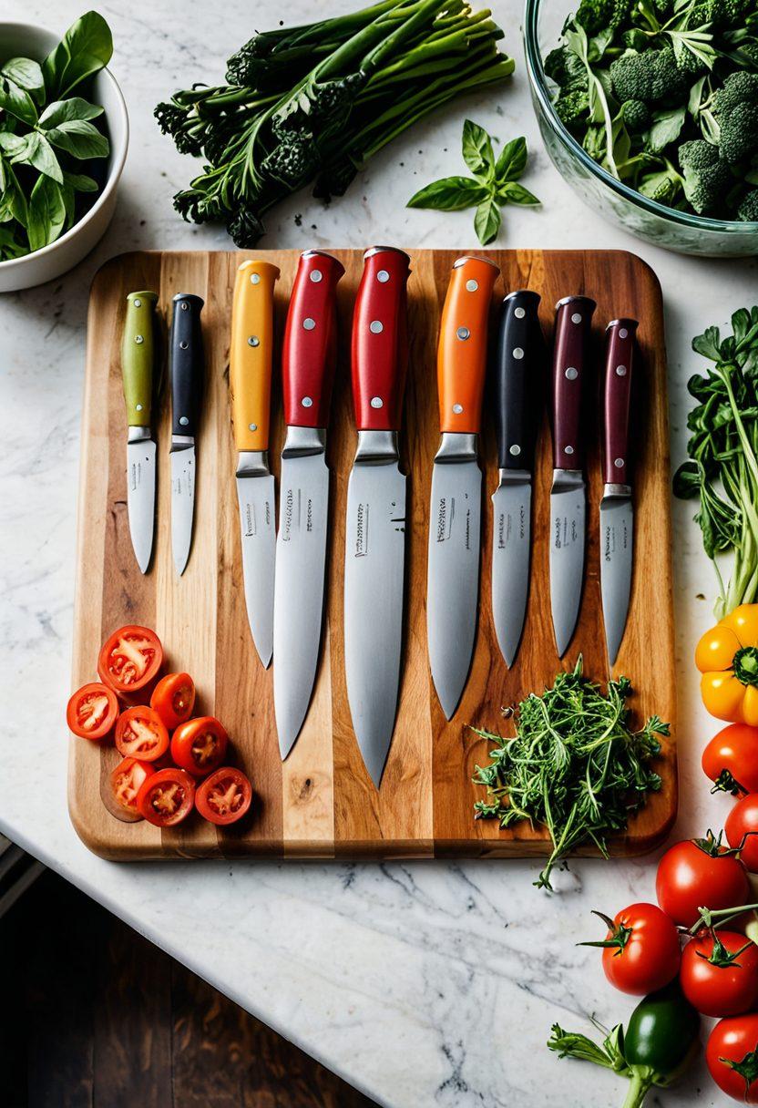 A close-up view of a well-organized kitchen countertop displaying a variety of Victorinox knives, highlighting their sharp edges and sleek designs. Include a wooden cutting board, fresh vegetables, and herbs to suggest freshness and cooking readiness. Soft natural light illuminates the scene, enhancing the craftsmanship of the knives. super-realistic. vibrant colors. soft focus.