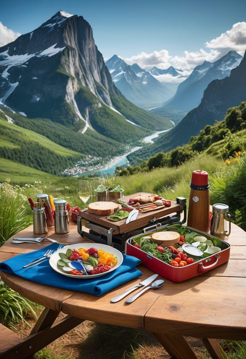 A scenic outdoor setting featuring a rugged wooden picnic table adorned with various high-quality Victorinox cutlery pieces, surrounded by vibrant greenery and adventure gear like a compass and map. In the background, majestic mountains rise under a clear blue sky, suggesting adventure. The scene should evoke a sense of exploration and culinary craftsmanship. super-realistic. vibrant colors. natural lighting.